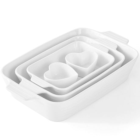 Baking Dish for Oven Casserole Dishes Bakeware Set With Ramekin Ceramic Lasagna Pan 9×12.8 Inch Large Deep Baking Dishes Rectangular Non-Stick Baking Pans for Kitchen Baking and Roasting White RUYOLIKS