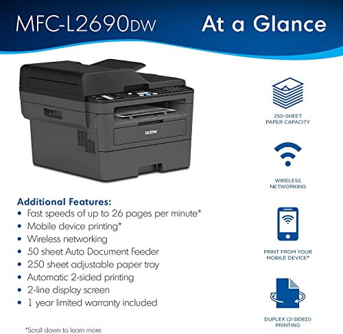 Brother MFC L26 Series All-in-One Laser Monochrome Printer, Print, Copy, Scan, Fax - 26 ppm, 2400 x 600 dpi, 250 Sheets, Wireless, Mobile Printing, Auto 2-Sided Printing, with MTC Printer Cable