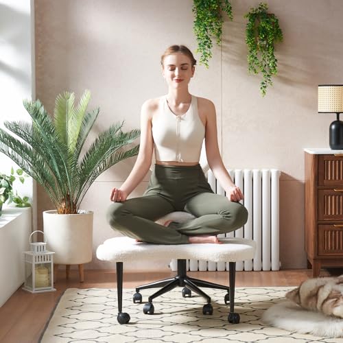 Pinmoco Ergonomic Cross Legged Chair, 360° Swivel Meditation Chair with Wheels, Height Adjustable Seat for ADHD, Strong Lumbar Support, Chic Home Office Furniture, Teddy Fabric, Off White Pinmoco