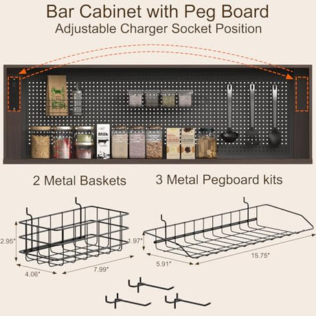 71" Pantry Cabinet, 54" Wide Kitchen Cabinet with Charging Station, Kitchen Hutch Storage with Pegboard and LED Light, Large Pantry Cabinets with Adjustable Shelves & Wine Rack for Dining Room, Brown SOLACE FURNITURE