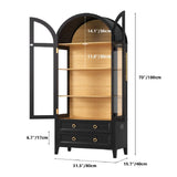 EOAWE Arched Curio Cabinet with Glass Doors, 4-Tier Display Cabinet with 2 Drawers, Tall Bookcase with 3 Color Lights, Display Case, Kitchen Pantry, Black+Wood EOAWE