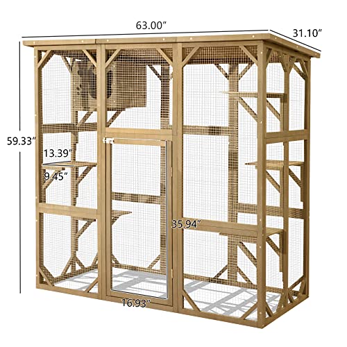 TITIMO Catio Outdoor Cat Enclosure, Large Wooden Outdoor Cat House with Small House, Cat Cage with 6 Platforms and Weather Protection (Nature Wood,63" x 31.1" x 59.33") TITIMO
