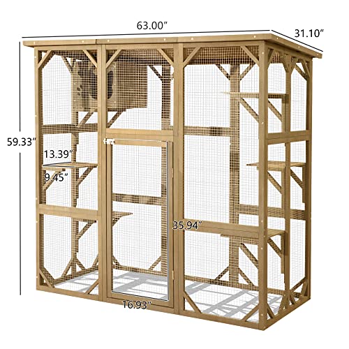 TITIMO Catio Outdoor Cat Enclosure, Large Wooden Outdoor Cat House with Small House, Cat Cage with 6 Platforms and Weather Protection (Nature Wood,63" x 31.1" x 59.33")