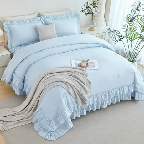 ANGIYUIN 5Pcs Queen Ruffle Comforter Sets Light Blue Double-Layer Ruffled Bedding Sets Vintage Farmhouse Bed Sets Solid Elegance Ruched Bed in A Bag for Women(Light Blue Queen) ANGIYUIN