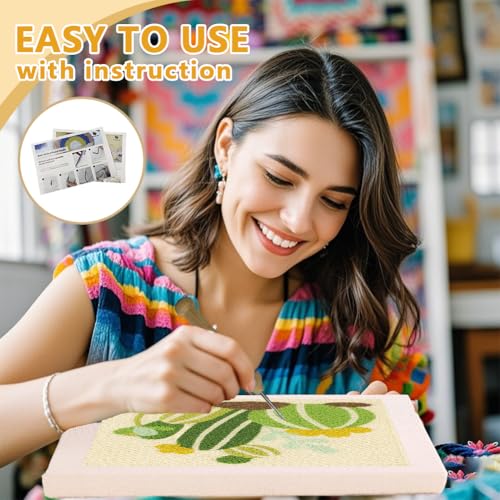Doodlream Cartoon Cactus DIY Punch Needle Embroidery Kit for Adult Beginner, 9.4" Cactus Punch Stitching Craft Set for Starter with Frame, Fabric Pattern, Threader, Yarn, Pinch Needle