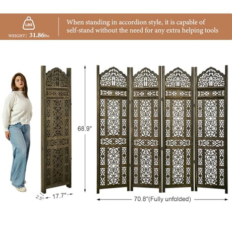 5.75Ft Room Divider Wood Screen, 33Lbs Durable Antiqued Style MDF Carved Headboard, Reversible Freestanding Folding Partition Paravent for Home Terrace, 69 * 71 inch(H*W) - 4 Panels (Antique Brown) Svimi