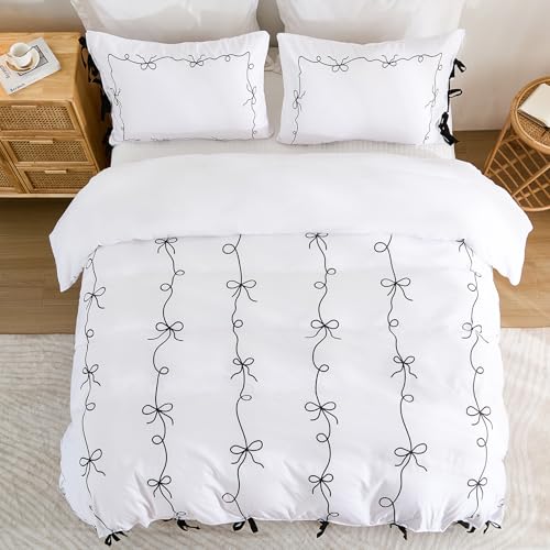 Black White Duvet Cover Set Black Bow Tie Bedding Set Super Soft Breathable Microfiber Bowknot Butterfly Tie Aesthetic Bedding Romantic French Twin Duvet Cover for All Season Chumerry