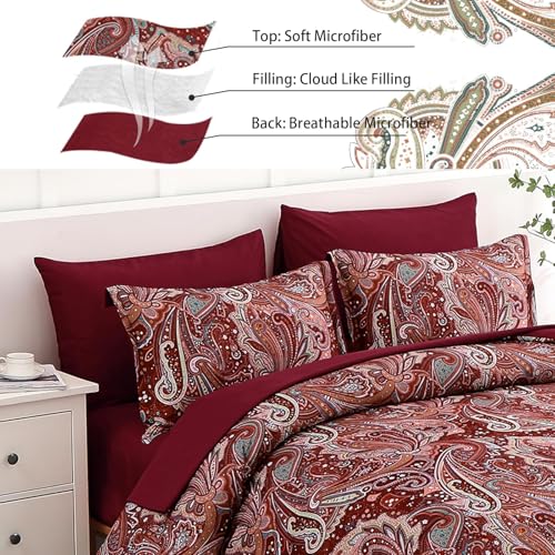 DJY Red Paisley Comforter Set Queen Size, 7 Piece Bed in a Bag Boho Paisley Pattern Comforter Set, Soft Lightweight Microfiber Reversible Bedding Set for All Season (90''x90'') DJY