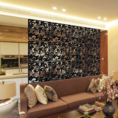 LRZCGB Hanging Room Divider,24 Pieces PVC Screen Partition Panel with Butterfly Flower Bird for Living Dining Study Sitting-Room Hotel Bar Decoration (Black, 24) LRZCGB