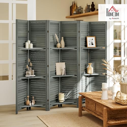HOMCOM Room Divider, 6 Panel 67" Tall Wood Privacy Screen with 3 Display Shelves, and Folding Storage for Bedroom or Home Office, Gray HOMCOM