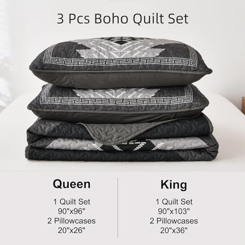 Dintszyayue Boho Quilt Set King Size 3 Pieces Black Grey Aztec Texture Bedspread Coverlet Set Bohemian Quilt Bedding Set Microfiber Lightweight Bed Cover for All Seasons 90"×103" Dintszyayue