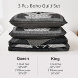 Dintszyayue Boho Quilt Set King Size 3 Pieces Black Grey Aztec Texture Bedspread Coverlet Set Bohemian Quilt Bedding Set Microfiber Lightweight Bed Cover for All Seasons 90"×103" Dintszyayue