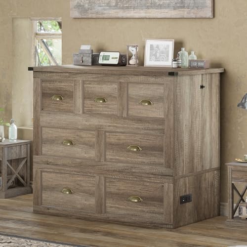 AMERLIFE Twin Size Murphy Bed, Farmhouse Wooden Cabinet with Charging Station and Storage Drawer for Bedroom/Office/Guest Room, Grey Oak AMERLIFE