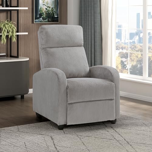 Lexicon Corduroy Pushback Recliner Chair Armchair Push Back Recliner, Solid Wood Frame and Metal Base, Easy Assembly Small Soft Single Sofa Accent Chair for Living Room/Office/Apartment, Light Grey