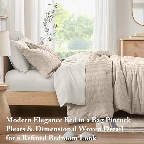 Madison Park Essentials Striped Comforter Set Queen, 7 Pieces Modern Minimalist Jacquard Bedding Set for All Season, Bed in A Bag with Sheet Set and Soft Brushed Reverse, Lightweight Neutral Madison Park Essentials