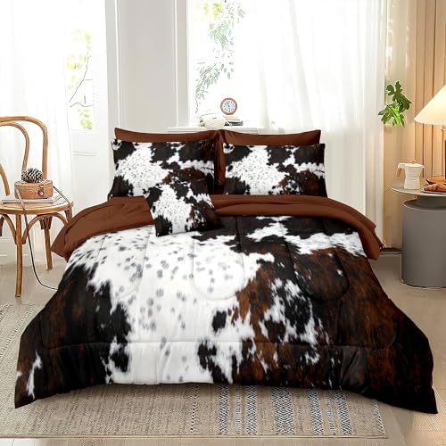 MUGINYU Brown Cowhide Comforter Set Queen, 8 Pieces Bed in a Bag Black White Cow Skin Print Western Farmhouse Animal Fur Bedding Set MUGINYU