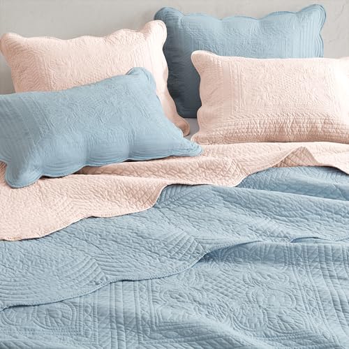 Madison Park Queen Quilt Set Damask Coverlet Set for Queen Size Bed, Cottage Oversized Quilt Set, Scallop Edge, All Season, Pre-washed Cotton-Filled Queen Size Quilt, Tuscany, Full/Queen Blush 3 Piece Madison Park