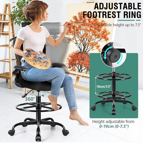 Drafting Chair, Tall Office Chair with 3D Lumbar & Head Support, Ergonomic Mesh Standing Desk Chair with Footring, Comfy Extended High Desk Chair with Flip-Up Arms & Hanger,Black AtHope