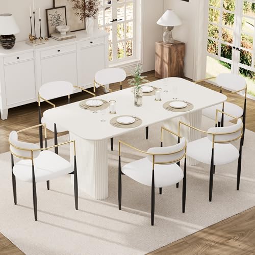HAIZAO 71" White Oval Dining Table Set for 6, 7 Piece Modern Kitchen Table & 6 Upholstered Boucle White Dining Chairs with Gold Armrests for Kitchen, Dining Room, Meeting Room HAIZAO