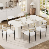 HAIZAO 71" White Oval Dining Table Set for 6, 7 Piece Modern Kitchen Table & 6 Upholstered Boucle White Dining Chairs with Gold Armrests for Kitchen, Dining Room, Meeting Room HAIZAO