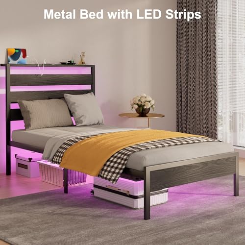 J.Fkne Twin Bed Frame with Headboard, Platform Bed with LED & Charging Station, Heavy Duty Metal Slats, No Box Spring Needed, Noise Free, Easy Assembly, Black J.Fkne
