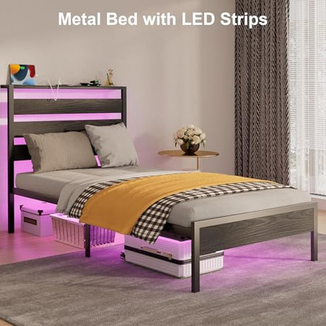 J.Fkne Twin Bed Frame with Headboard, Platform Bed with LED & Charging Station, Heavy Duty Metal Slats, No Box Spring Needed, Noise Free, Easy Assembly, Black J.Fkne