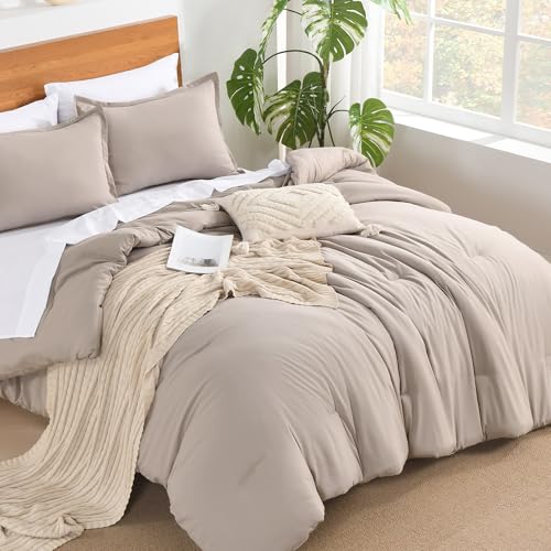 Andency King Size Comforter Set - 7 Pieces Bed in a Bag King Bedding Comforter Sets Oatmeal, Winter Solid Soft Lightweight Comforter with Fitted Sheets, Flat Sheets, Pillowcases & Shams Andency