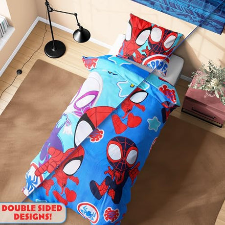 Marvel Spiderman Duvet Cover and Pillowcase Set for Single Bedding, Bedroom Accessories for Kids Teens (Blue Spidey) Marvel