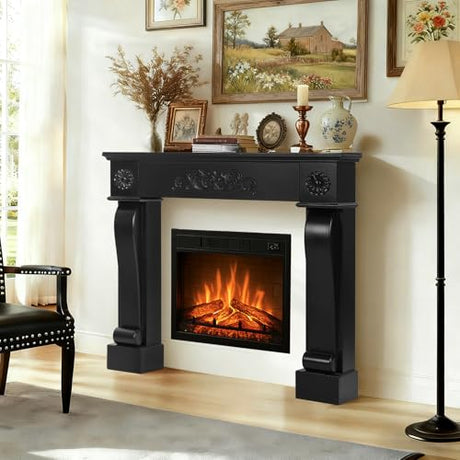 EPICOZY Modern Fireplace Mantel Surround, Decorative Wooden Freestanding Mantel for Electric Fireplace, Waterproof & Anti-Tipping, Premium MDF Mantel with Leg for Living Room, Black EPICOZY