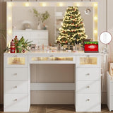 IFSEB Makeup Vanity Desk with LED Lights and Large 36.9’’ Mirror, 9 Drawers Vanity with Glass Top & 3 Color Hollywood Bulbs, Make Up Vanity with Charging Station & Crystal Knobs for Woman, White IFSEB