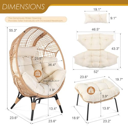 NICESOUL® Wicker Stationary Egg Chair Indoor Outdoor Egg Basket Lounge Chair Oversized Thick Cushions Egg Seat with Legs 440lbs Egg Nest Chair with Ottoman, Boho Rattan Chair for Patio Beige