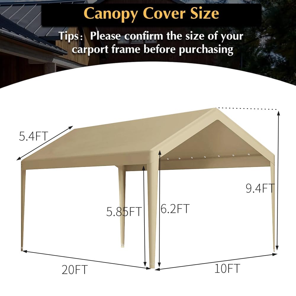 Rutile 10 x 20 FT Carport Replacement Cover, Heavy Duty Car Tarp Canopy Tent Garage Top Shelter Cover with Fabric Leg Pole Skirts and Ball Bungees Beige (Only Top Cover, Frame is not Included) Rutile