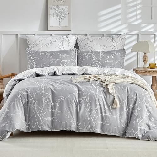 Lekesky Reversible Duvet Cover Queen Size, Grey White Branch Comforter Cover Queen 3pcs Microfiber Botanical Bedding Set with Zipper Closure Corner Ties Lekesky