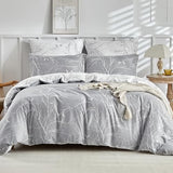 Lekesky Reversible Duvet Cover Queen Size, Grey White Branch Comforter Cover Queen 3pcs Microfiber Botanical Bedding Set with Zipper Closure Corner Ties Lekesky
