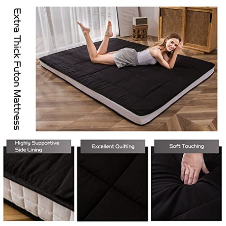 MAXYOYO Futon Mattress, Padded Japanese Floor Mattress Quilted Bed Mattress Topper, Extra Thick Folding Sleeping Pad Breathable Floor Lounger Guest Bed for Camping Couch, Black, Queen Size MAXYOYO