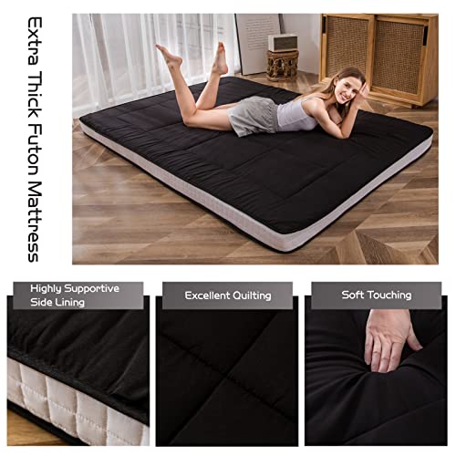 MAXYOYO Futon Mattress, Padded Japanese Floor Mattress Quilted Bed Mattress Topper, Extra Thick Folding Sleeping Pad Breathable Floor Lounger Guest Bed for Camping Couch, Black, Full Size MAXYOYO