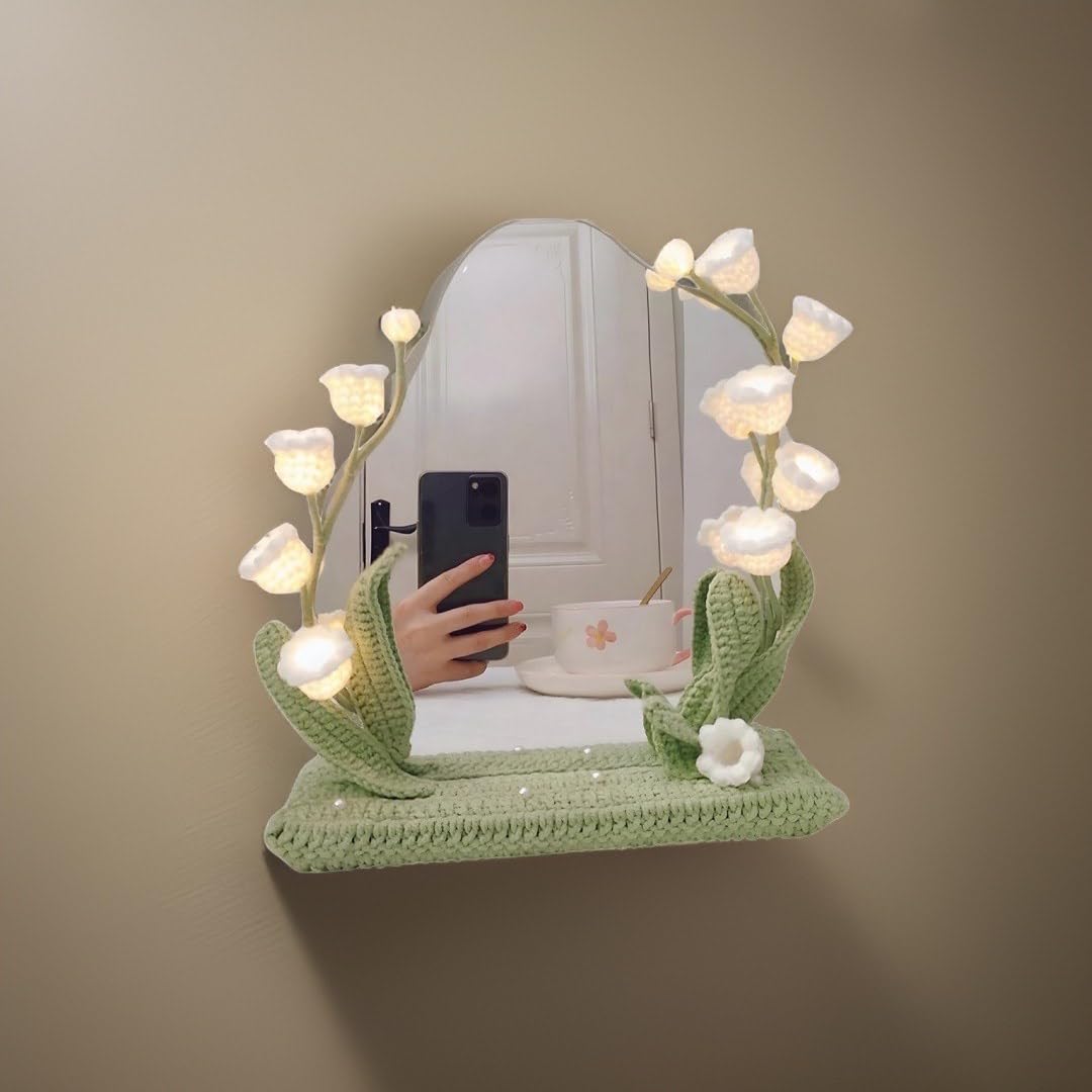 kasthamandap wooden Makeup Vanity Mirror with led Light, Handcrafted Crochet Flower Accent for Room Decoration kasthamandap wooden
