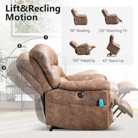 HAOMARKETS Oversized Power Lift Recliner with Massage and Heat for Elderly, Faux Leather Electric Lifting Reclining Chair with Side Pockets and USB Port for Living Room, Brown HAOMARKETS