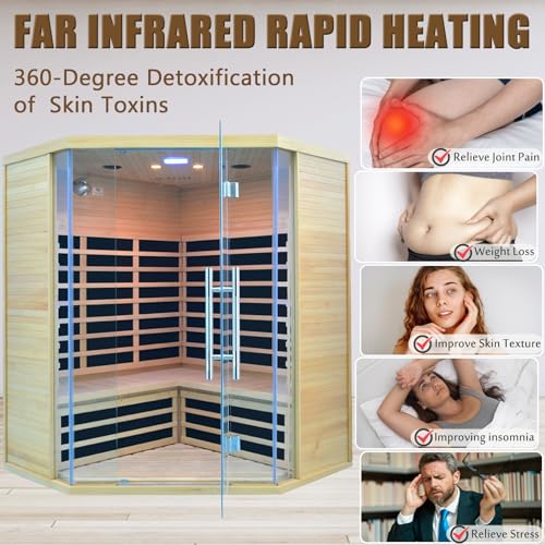 Homsido 3-4 Person Far Infrared Sauna, Hemlock Indoor Corner Sauna Room Home Sauna with Low EMF Far Infrared Carbon Panel Tempered Glass Door,Bluetooth Speakers Chromotherapy Lights（220V, 2880W） Homsido