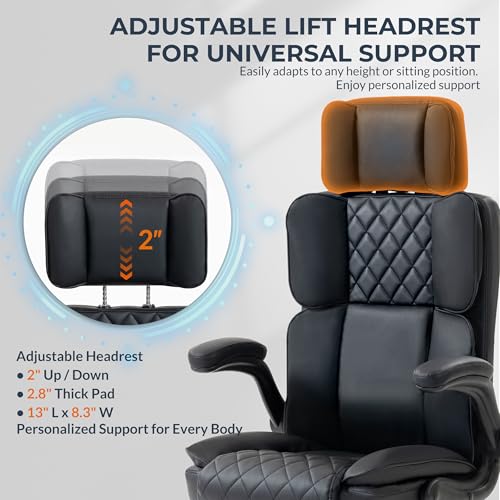 Office Chair with Adjustable Headrest, Faux Leather Executive Home Office Desk Chairs with Ergonomic Back Support, Padded Flip-Up Armrests, Swivel Rolling Computer Chair for Work, Study, Black ACFOUL