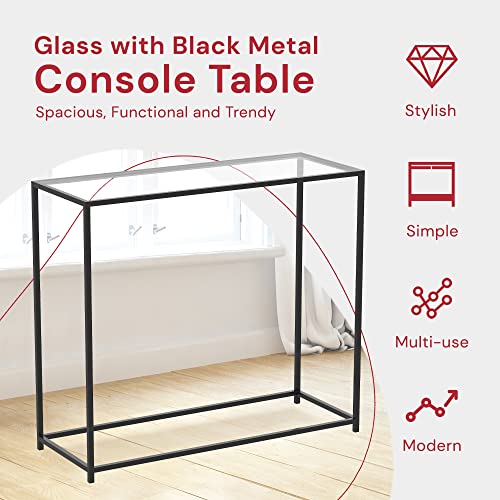 Safdie & Co. - Metal Console Table with Glass, Black Console Tables for Entryway, Use As Doorway Table, Narrow Bar Table, or Accent Furniture for Decorating Foyer, 12 x 28 x 31 Inches Safdie