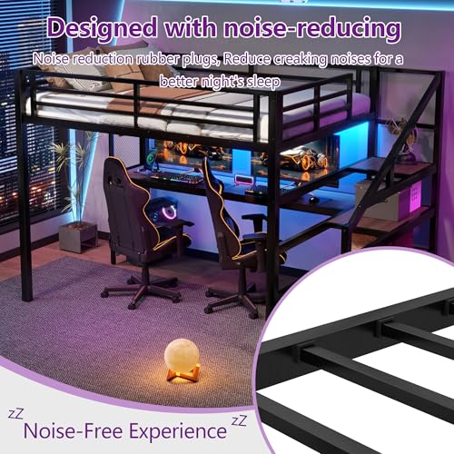 Bellemave Full Loft Bed with Desk & Storage Stairs, Metal Full Size Loft Bed Frame with Iron Nets, LED Lights & USB Ports, Heavy Duty Adult LoftBed for Bedroom, Noise-Free, Black Bellemave