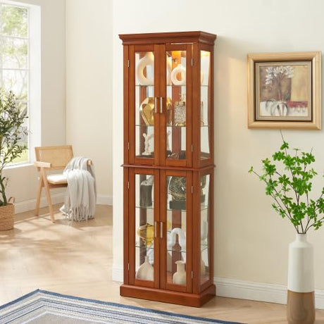 6-Tier Lighted Curio Cabinet with Adjustable Shelves, Mirrored Back & Tempered Glass Doors - Walnut Finish, Perfect for Collectibles, Antiques, or Home Decor (E26 Bulb Not Included) Anveffeg
