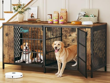 63" Large Double Dog Kennel Furniture for 2 Dogs – Extra Sturdy XXL Metal & Wooden Medium Dog Cage with Removable Divider, Dual Doors & Name Tags – Indoor/Outdoor Crate for Large Breeds HUAHUU