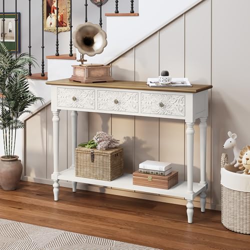 3More Entryway Console Table with 3 Drawers,42" Carved Hallway Table with Open Shelf,Long Sofa Table for Living Room, Hallway, Behind Couch,White 3More