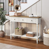 3More Entryway Console Table with 3 Drawers,42" Carved Hallway Table with Open Shelf,Long Sofa Table for Living Room, Hallway, Behind Couch,White 3More