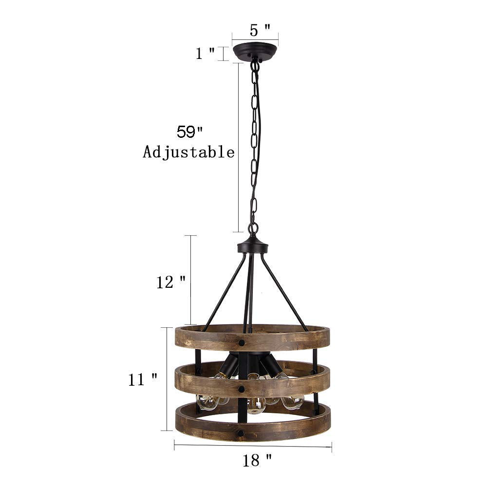 Anmytek Farmhouse Rustic Wood Chandelier Light, 5 Lights Pendant Lamp Retro Vintage Hanging Lighting Fixture, C0014 - WoodArtSupply