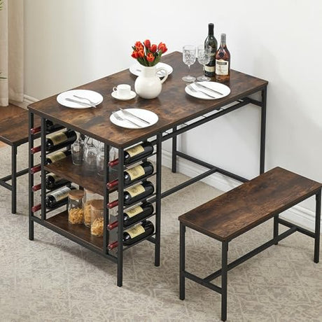 Dining Table Set for 4, Kitchen Table with 2 Benches, Wine Rack and Storage Shelf, Rectangular Dining Room Table Set, 3 Piece Dining Table Set for Small Space, Apartment, Dinette, Rustic Brown coucheta