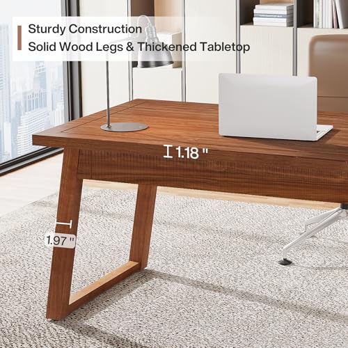 Tribesigns Home Office Executive Desk: 55 Inches Solid Wood Computer Desk with Drawer, Mid-Century Modern Study Writing Table, Rustic PC Laptop Desk Workstation Furniture, Walnut Brown - WoodArtSupply