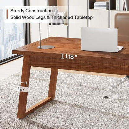 Tribesigns Home Office Executive Desk: 55 Inches Solid Wood Computer Desk with Drawer, Mid-Century Modern Study Writing Table, Rustic PC Laptop Desk Workstation Furniture, Walnut Brown - WoodArtSupply